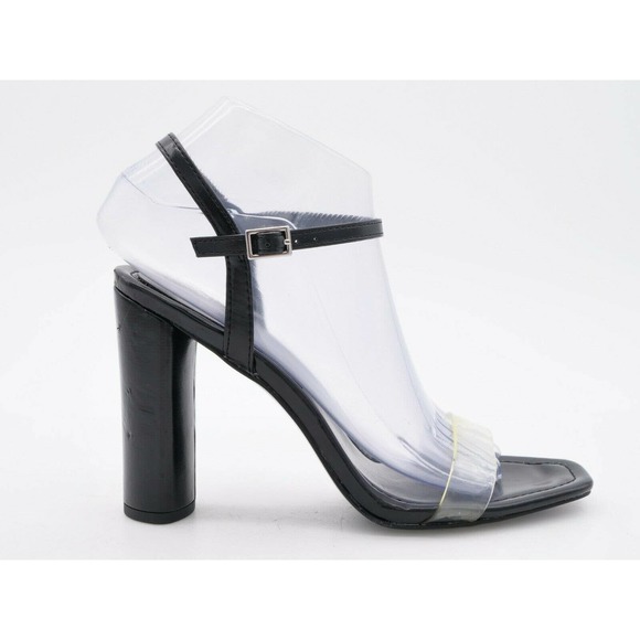 BCBG Sandals Womens 8 Black Faux Leather Ankle Strap High Heel Ilsie Buckle - Picture 2 of 10